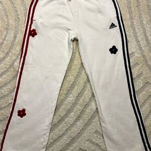 Adidas Originals Off White Track Pants – Red & Navy Side Stripes Floral Appliqué